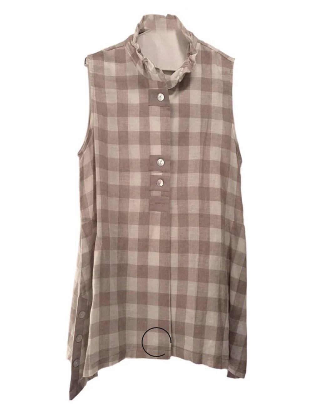 NWOT Sleeveless Plaid Ruffle-Neck linen Tunic in Taupe & white